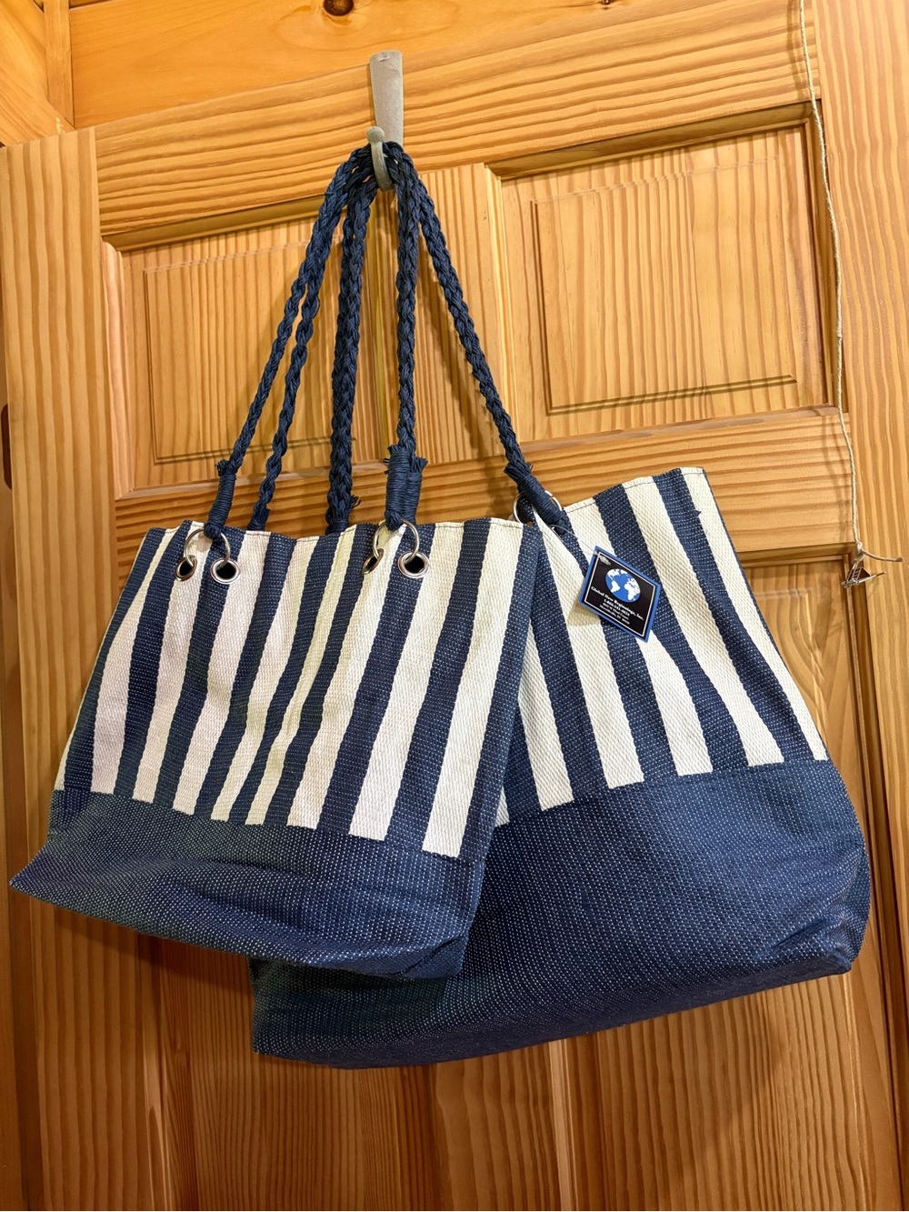 Nautical Stripe Navy & White Tote Bag with Braided Handles 2-pack